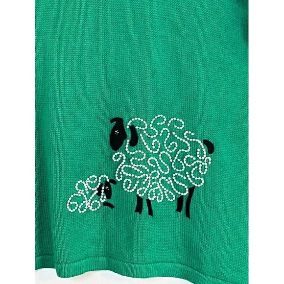 Herman Geist Sweater Women L Green Polka Dot Beaded Sheep Novelty Neutral Retro - Picture 4 of 11